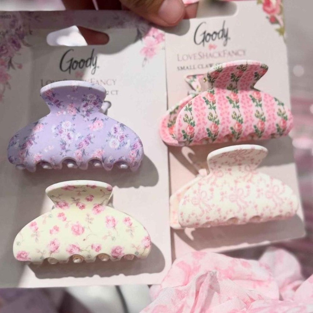 LoveShackFancy Goody floral hair clips bundle. Mini claw clips in pink, purple,